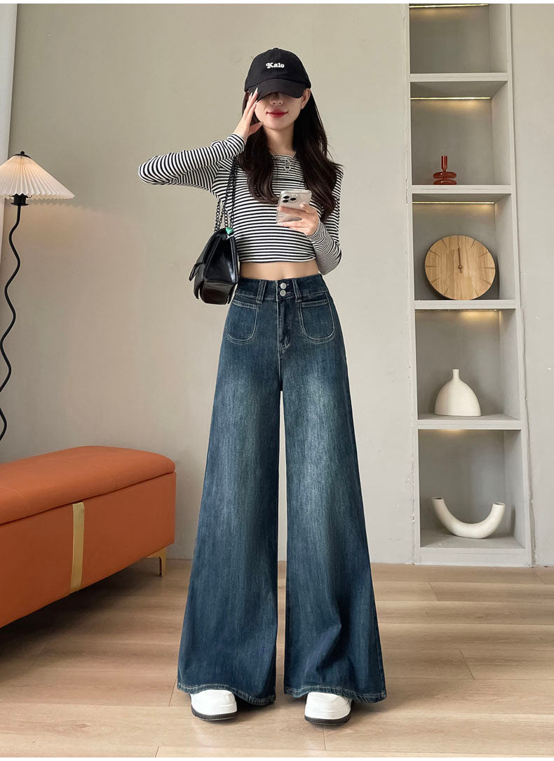 YEEYEEWang - 하이웨이스트 와이드 레그 청바지 – 여성용 릴렉스 핏, 롱 기장