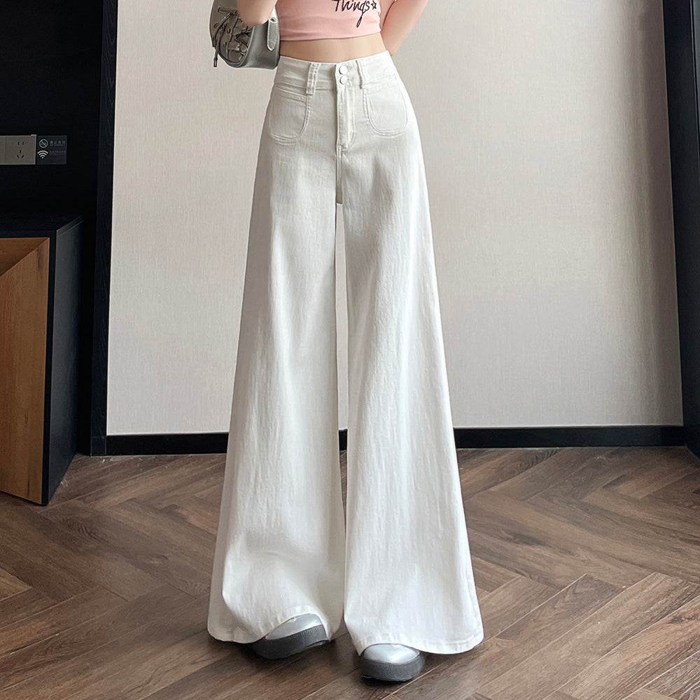 YEEYEEWang - 하이웨이스트 와이드 레그 청바지 – 여성용 릴렉스 핏, 롱 기장