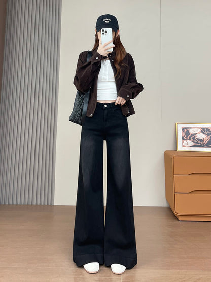 YEEYEEWang 솔리드 블랙 와이드레그 진, 아시안 핏 컷, 모델 전면 라이프스타일 룩।