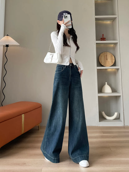 YEEYEEWang 플리스 안감 미드워시 블루 와이드레그 진, 아시안 핏 컷, 다이내믹한 포즈।