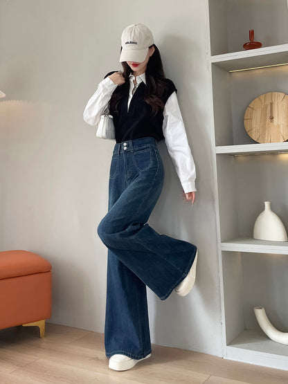 YEEYEEWang 플리스 안감 빈티지 블루 와이드레그 진, 아시안 핏 컷, 액세서리를 곁들인 풀 룩।
