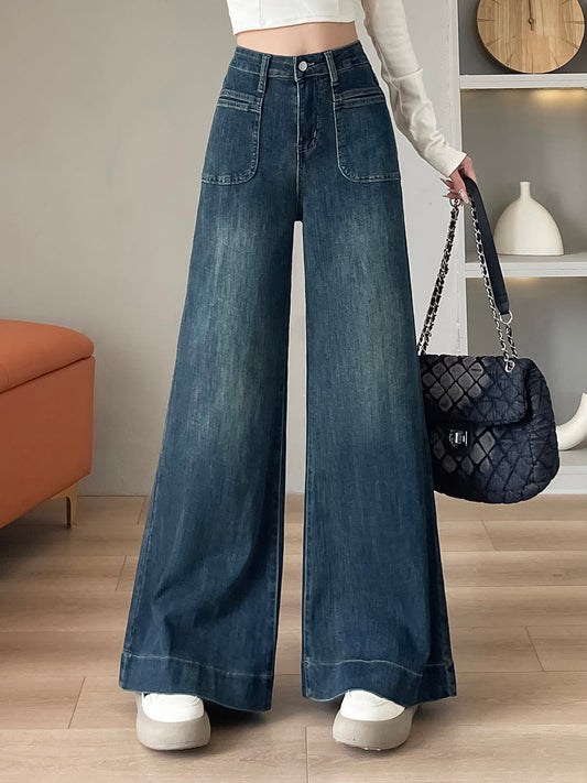 YEEYEEWang wide-leg jeans in mid-wash blue, Asian-fit cut, variant thumbnail showing front fit.