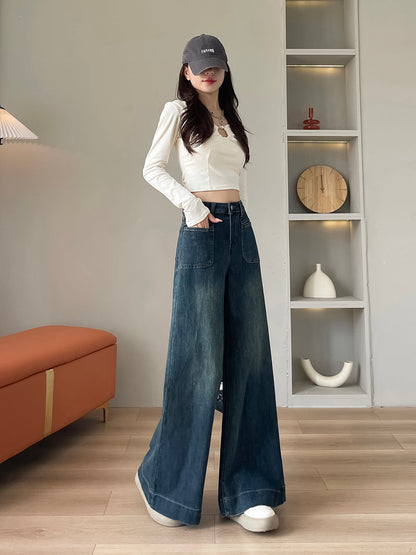 YEEYEEWang 플리스 안감 미드워시 블루 와이드레그 진, 아시안 핏 컷, 다이내믹한 포즈।