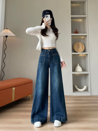 YEEYEEWang 플리스 안감 빈티지 블루 와이드레그 진, 아시안 핏 컷, 전면 라이프스타일 룩।