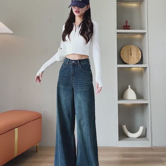 YEEYEEWang wide-leg jeans showcasing multi-color variants, Asian-fit cut, dynamic drape on Asian model.