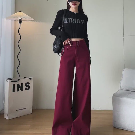 YEEYEEWang Wide-Leg jeans video in Dark Cherry: Asian model shifts poses showing floor-length drapey wide-leg fit, camera zooms to double-button high waist as she slips hands into pockets.