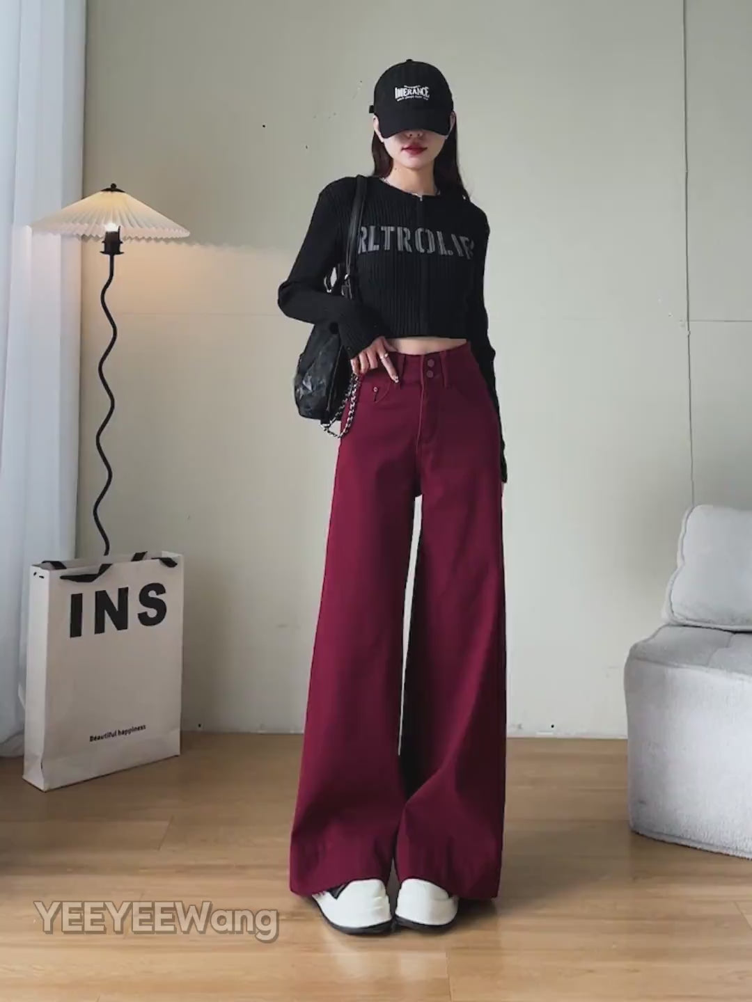 YEEYEEWang Wide-Leg jeans video in Dark Cherry: Asian model shifts poses showing floor-length drapey wide-leg fit, camera zooms to double-button high waist as she slips hands into pockets.