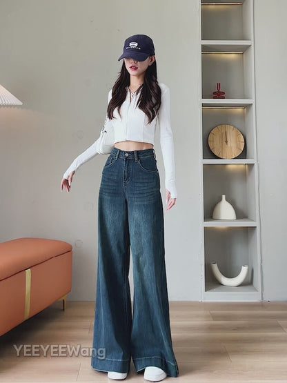 YEEYEEWang Wide Leg Denim Pants try-on video – Asian fit model showcasing high waist tummy control design