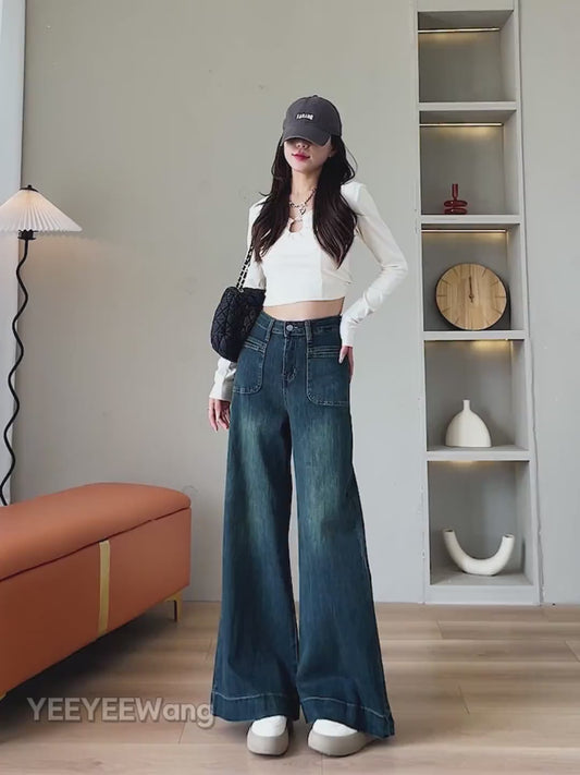 YEEYEEWang wide-leg jeans video showcasing multiple color washes, Asian-fit cut, fluid drape on Asian model.